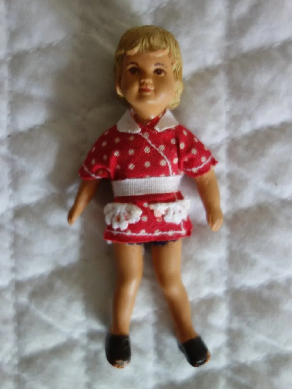 Vntg German ARI Rubber Dollhouse Doll w/ Molded Hair Red Dress